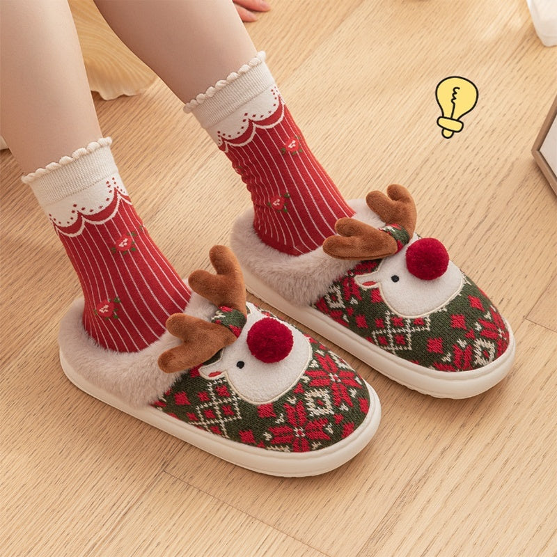Cute Christmas Elk Plush Slippers For Women