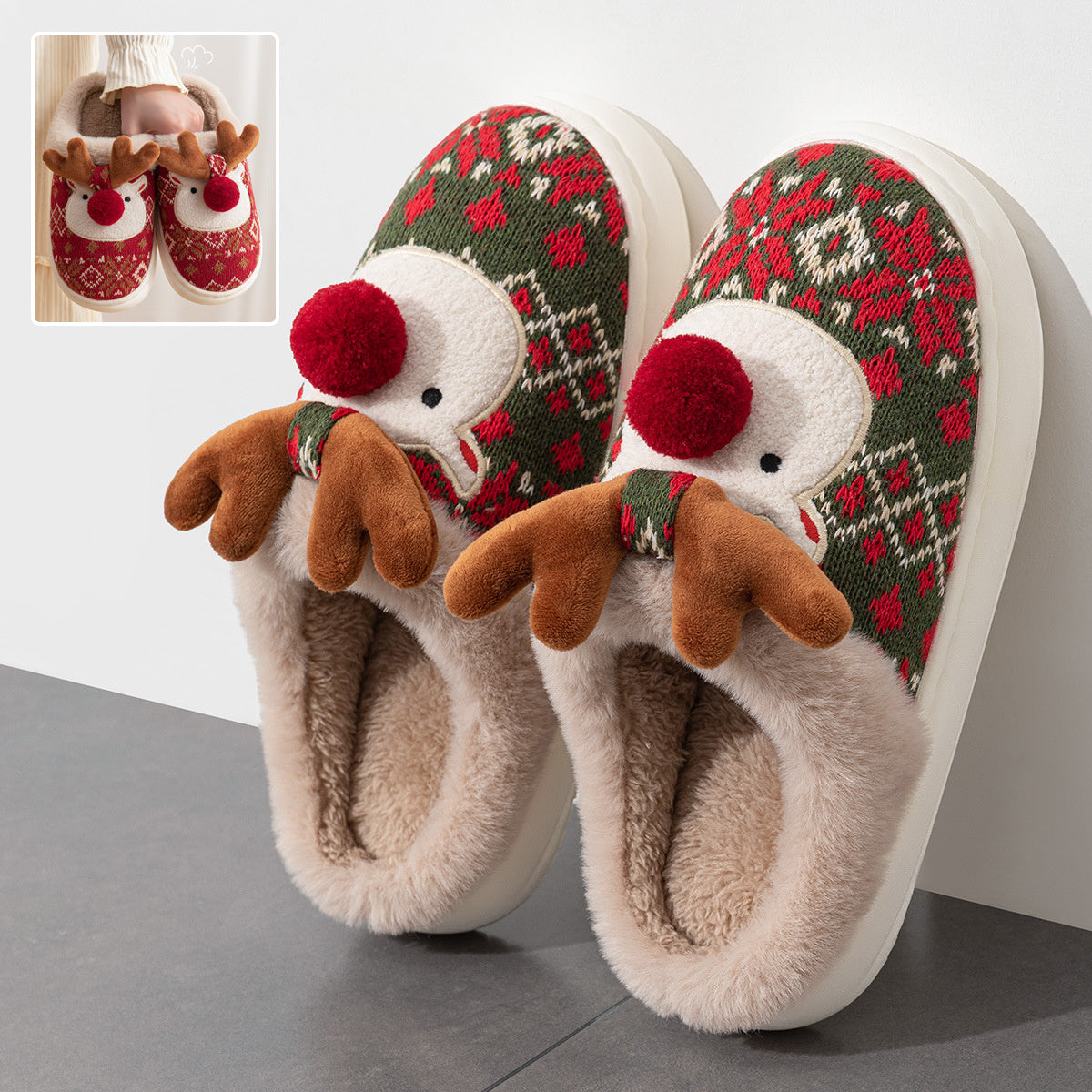 Cute Christmas Elk Plush Slippers For Women