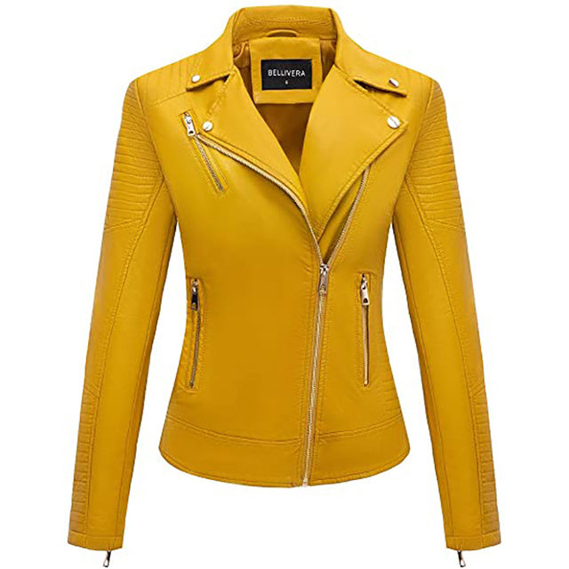 Giolshon Autumn Flowers Embroidery PU Leather Women's Jacket