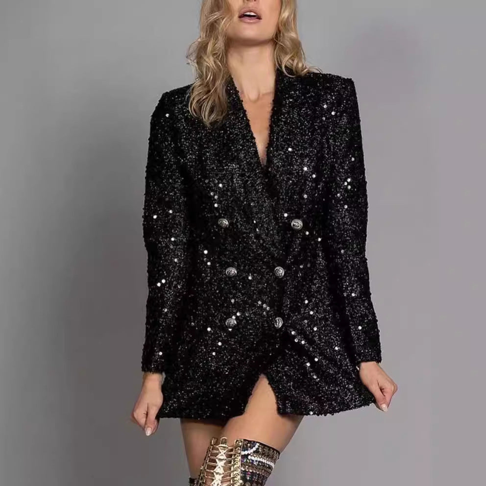 Ladies V-neck Double Breasted Black With Paillettes Slim Fit Long Shirt