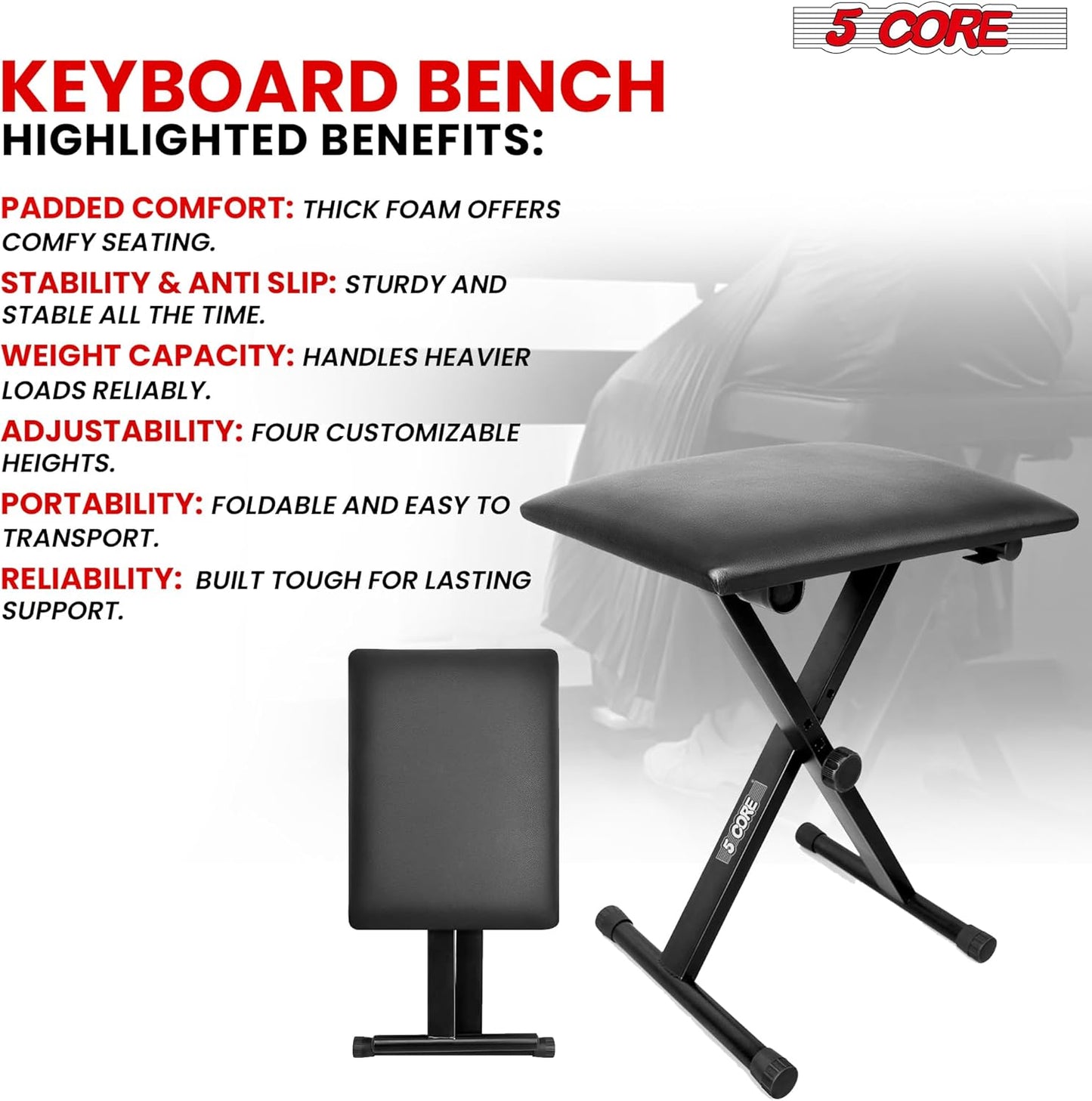 5Core Keyboard Stand Double X Style Adjustable Piano Riser + Keyboard