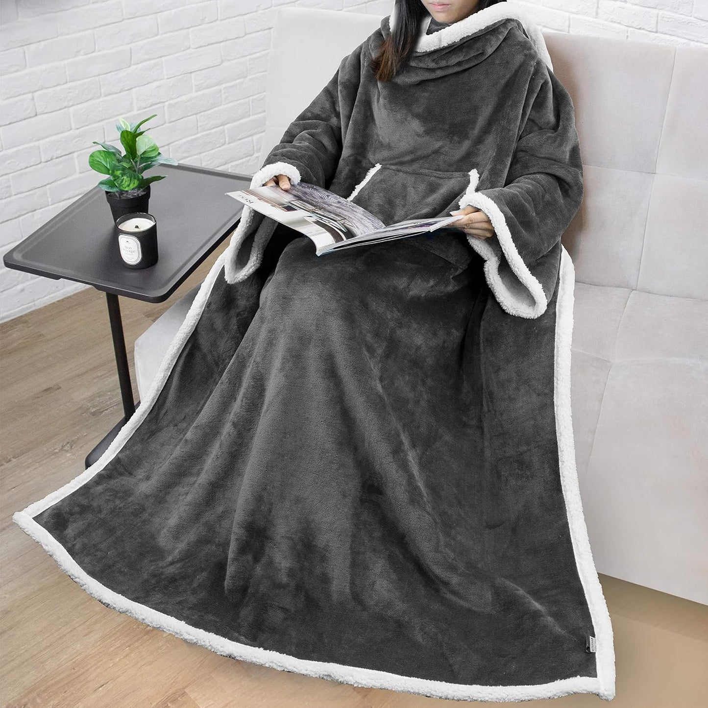 Sherpa Wearable Blanket with Sleeves for Adults Women Men, Soft Warm Full Body Wrap Fleece Throw, Pocket, Cozy Pullover Robe Blanket with Arm, Gifts for Christmas Mom Wife, Charcoal Grey