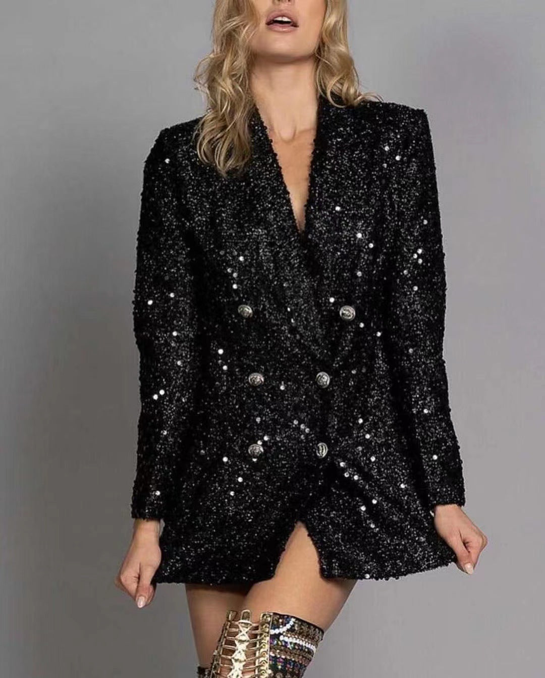 Ladies V-neck Double Breasted Black With Paillettes Slim Fit Long Shirt