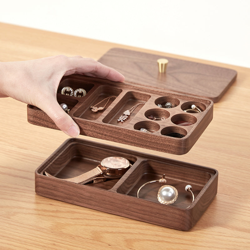 Walnut Jewelry Earrings Necklace Double-layer Storage Box