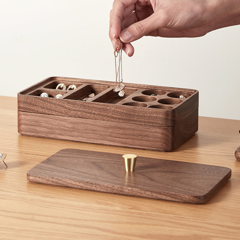 Walnut Jewelry Earrings Necklace Double-layer Storage Box