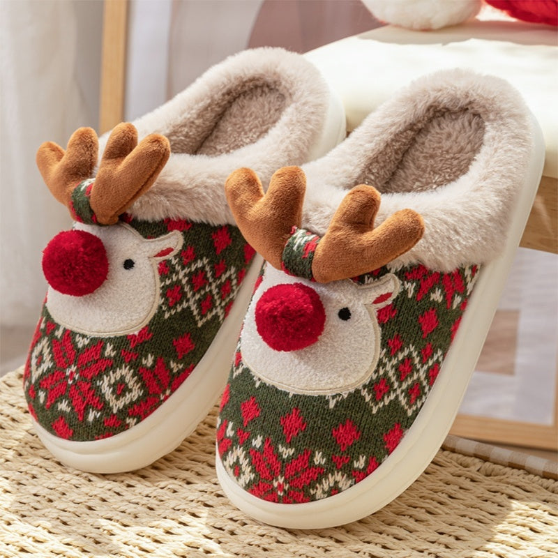 Cute Christmas Elk Plush Slippers For Women