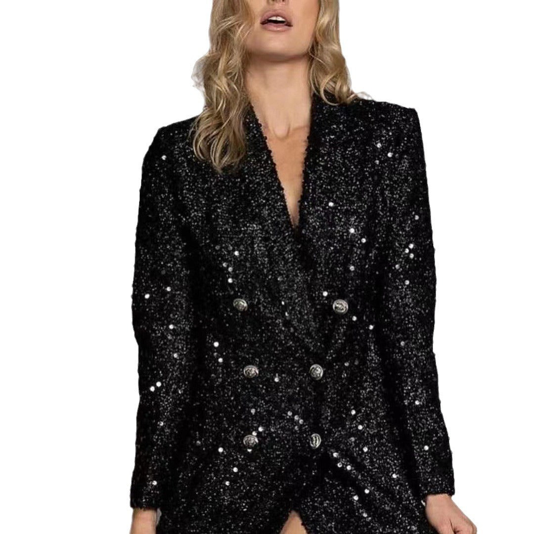 Ladies V-neck Double Breasted Black With Paillettes Slim Fit Long Shirt