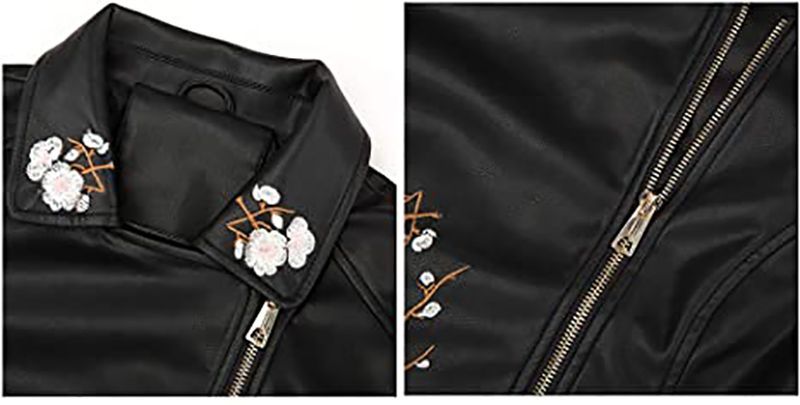 Giolshon Autumn Flowers Embroidery PU Leather Women's Jacket