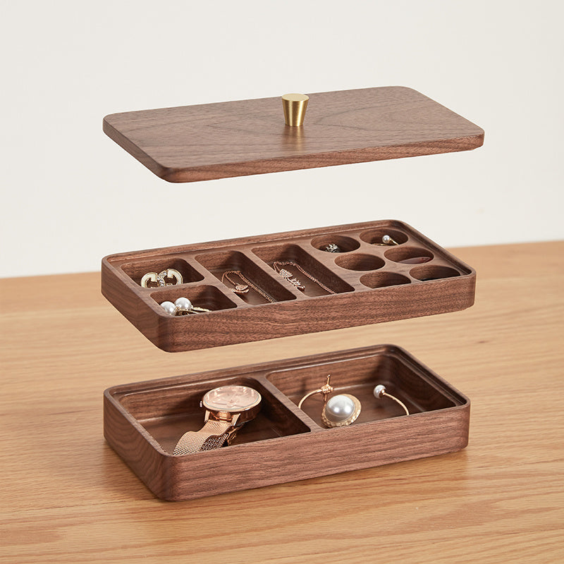 Walnut Jewelry Earrings Necklace Double-layer Storage Box