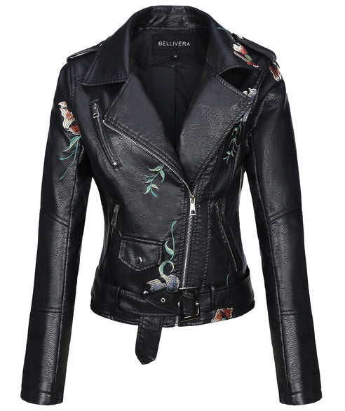 Giolshon Autumn Flowers Embroidery PU Leather Women's Jacket