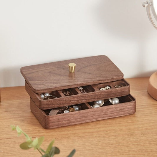 Walnut Jewelry Earrings Necklace Double-layer Storage Box