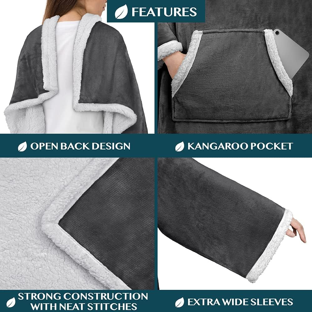 Sherpa Wearable Blanket with Sleeves for Adults Women Men, Soft Warm Full Body Wrap Fleece Throw, Pocket, Cozy Pullover Robe Blanket with Arm, Gifts for Christmas Mom Wife, Charcoal Grey