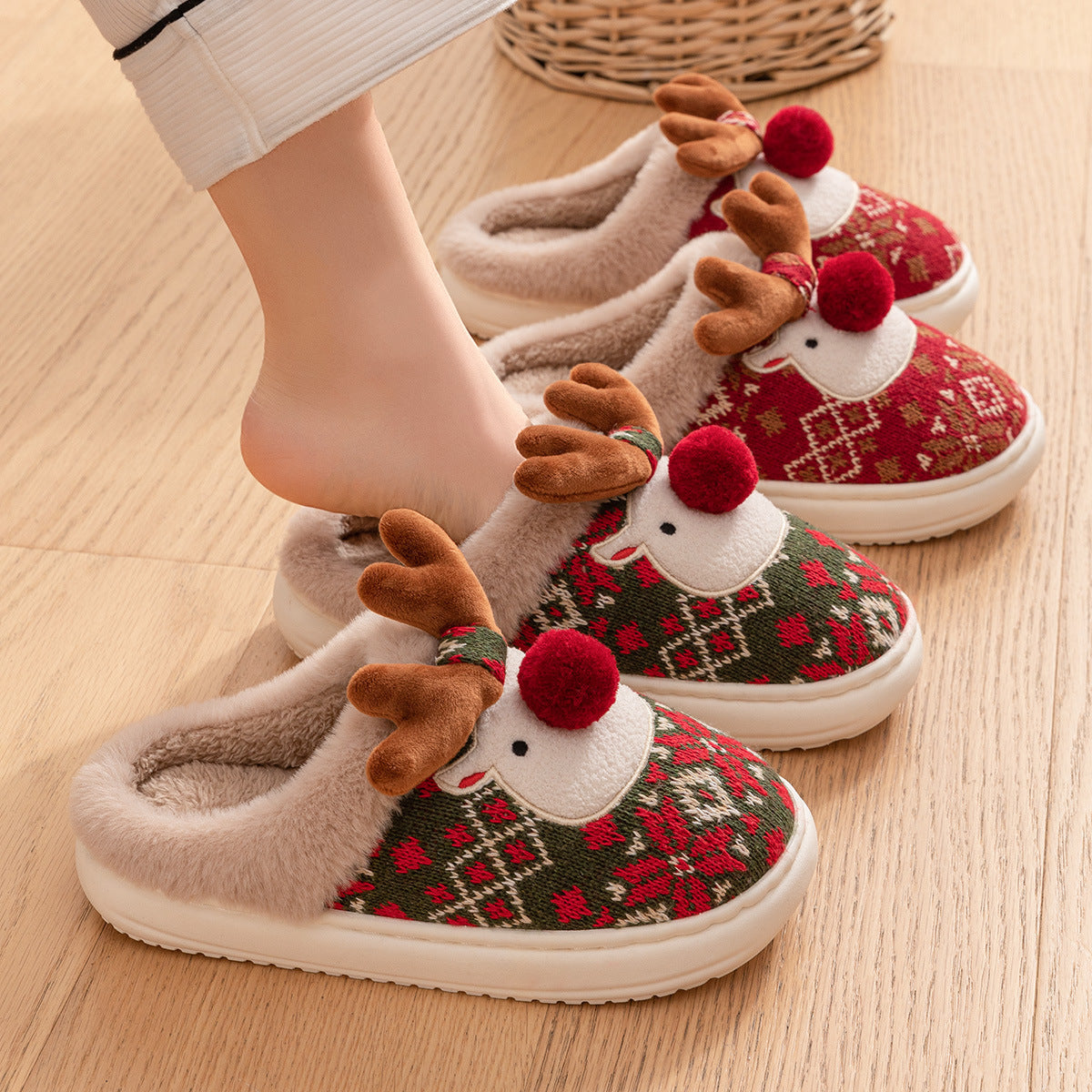 Cute Christmas Elk Plush Slippers For Women