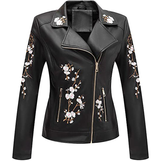Giolshon Autumn Flowers Embroidery PU Leather Women's Jacket