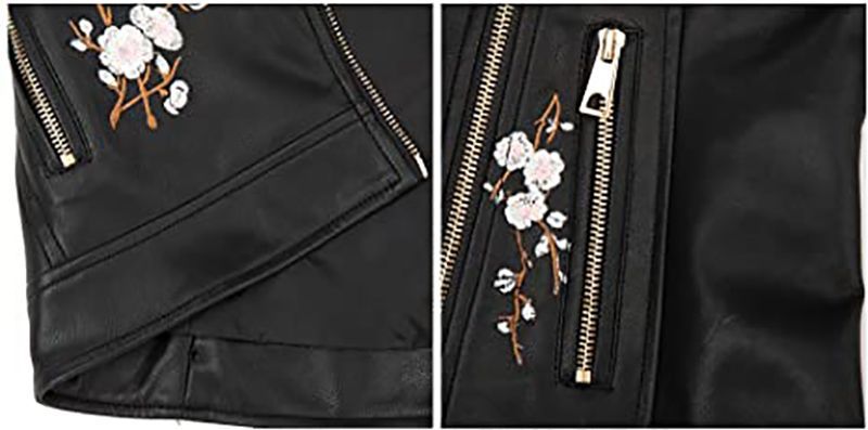 Giolshon Autumn Flowers Embroidery PU Leather Women's Jacket