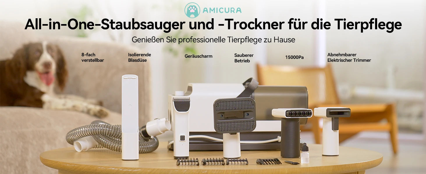 Amicura P1 Vacuum Cleaner & Hair Dryer 15kpa, Pet Grooming Set Adjustable Speed and Temperature, 5 Proven Care Tools Dog Clipper