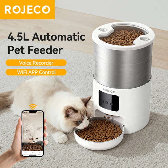 ROJECO Stainless Steel 4.5L Cats Feeder WiFi App Remote Control Voice Record Smart Cat Kibble Dispenser For Dog Pet Accessories