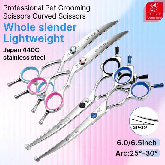 Fenice Professional Dog Grooming Scissors Curved Round Tip JP440C Steel 6.5 & 6 inch for Beginners Pet Home Use Pet Beautician