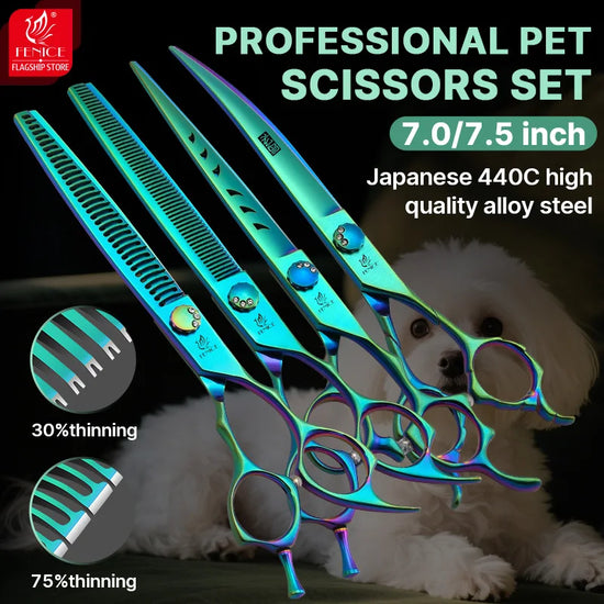 Fenice High-grade 7.0/7.5 inch JP440C Fluorescent Green Pet Grooming Scissors Shears Cutting&Curved&Thinner Set for Dog Groomer