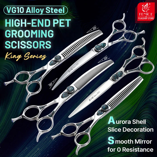 Fenice High-grade VG10 Steel 7.0/7.5 inch New Design Shells Screw Pet Grooming Scissors Set Shears  for Dog Hair-cutting Kit