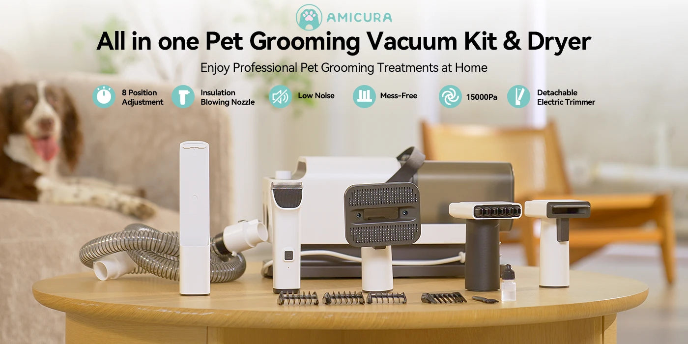 Amicura P1 Vacuum Cleaner & Hair Dryer 15kpa, Pet Grooming Set Adjustable Speed and Temperature, 5 Proven Care Tools Dog Clipper