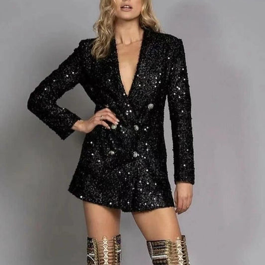Ladies V-neck Double Breasted Black With Paillettes Slim Fit Long Shirt